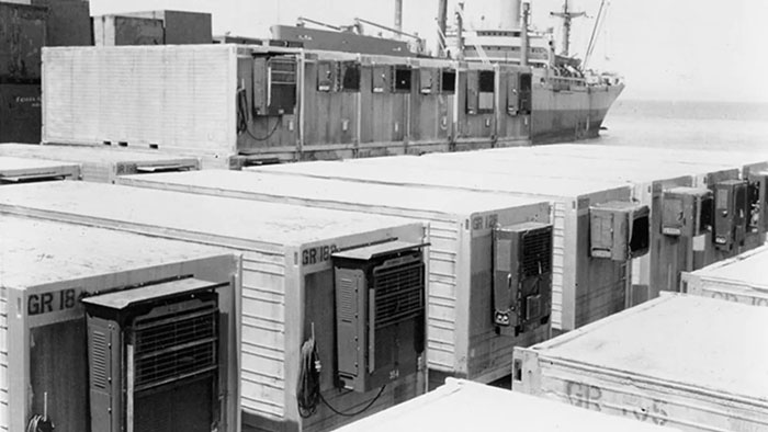Refrigerated containers in the early 1960s at a port