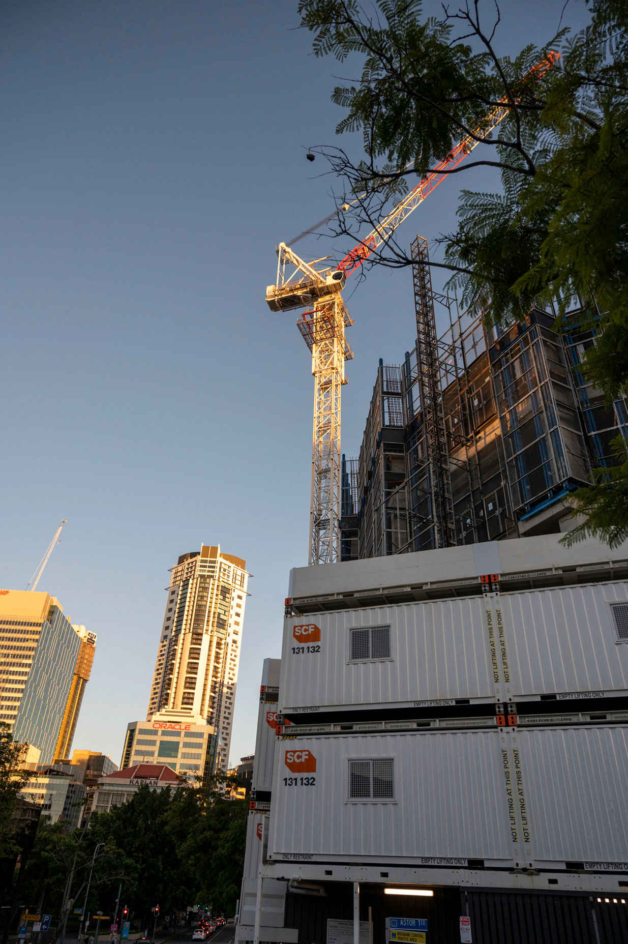 Wharf St at dusk further into the build.