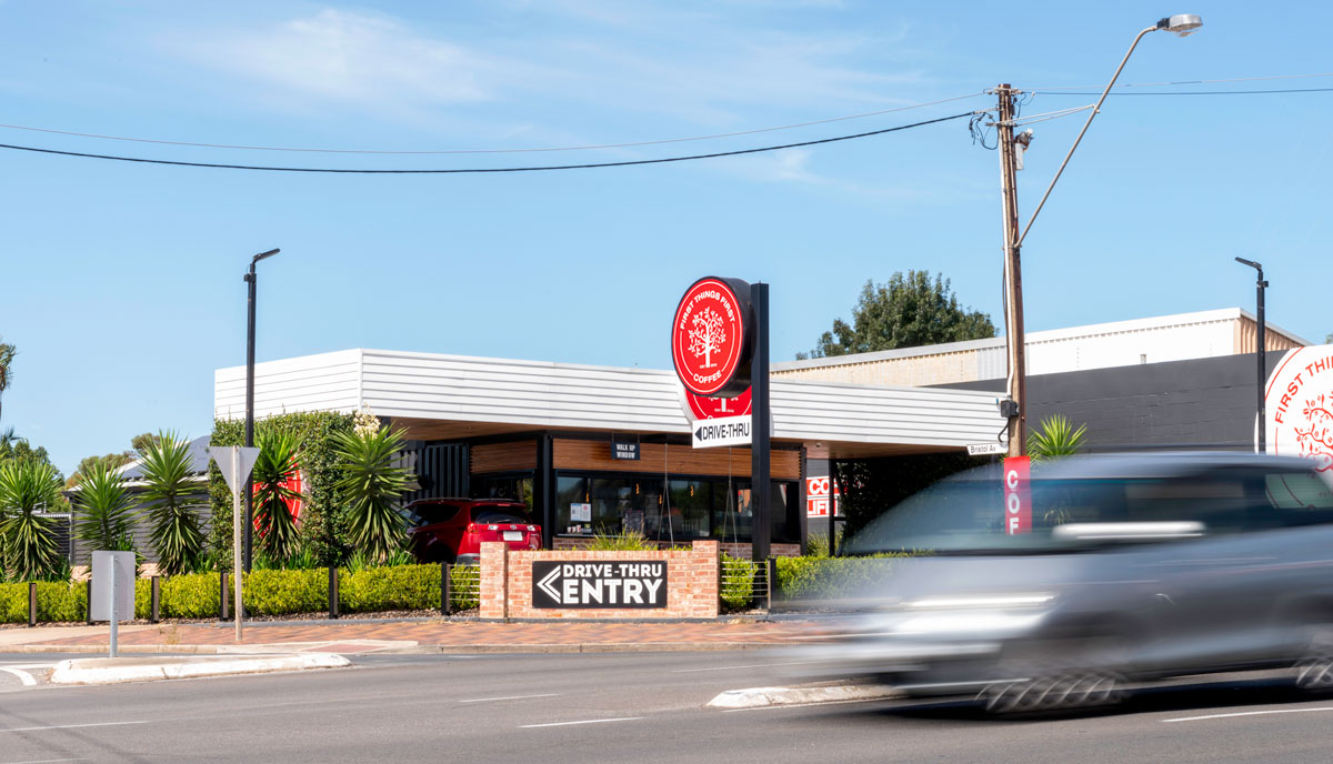 First Things First Coffee, a drive-thru cafe in Adelaide made with shipping containers