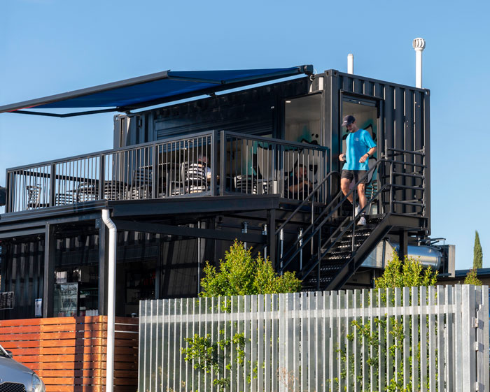 Stacked containers make for great outdoor eating upstairs at F93